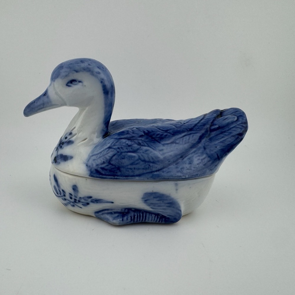 Duck Trinket Box Small Blue White Porcelain Floral Vintage